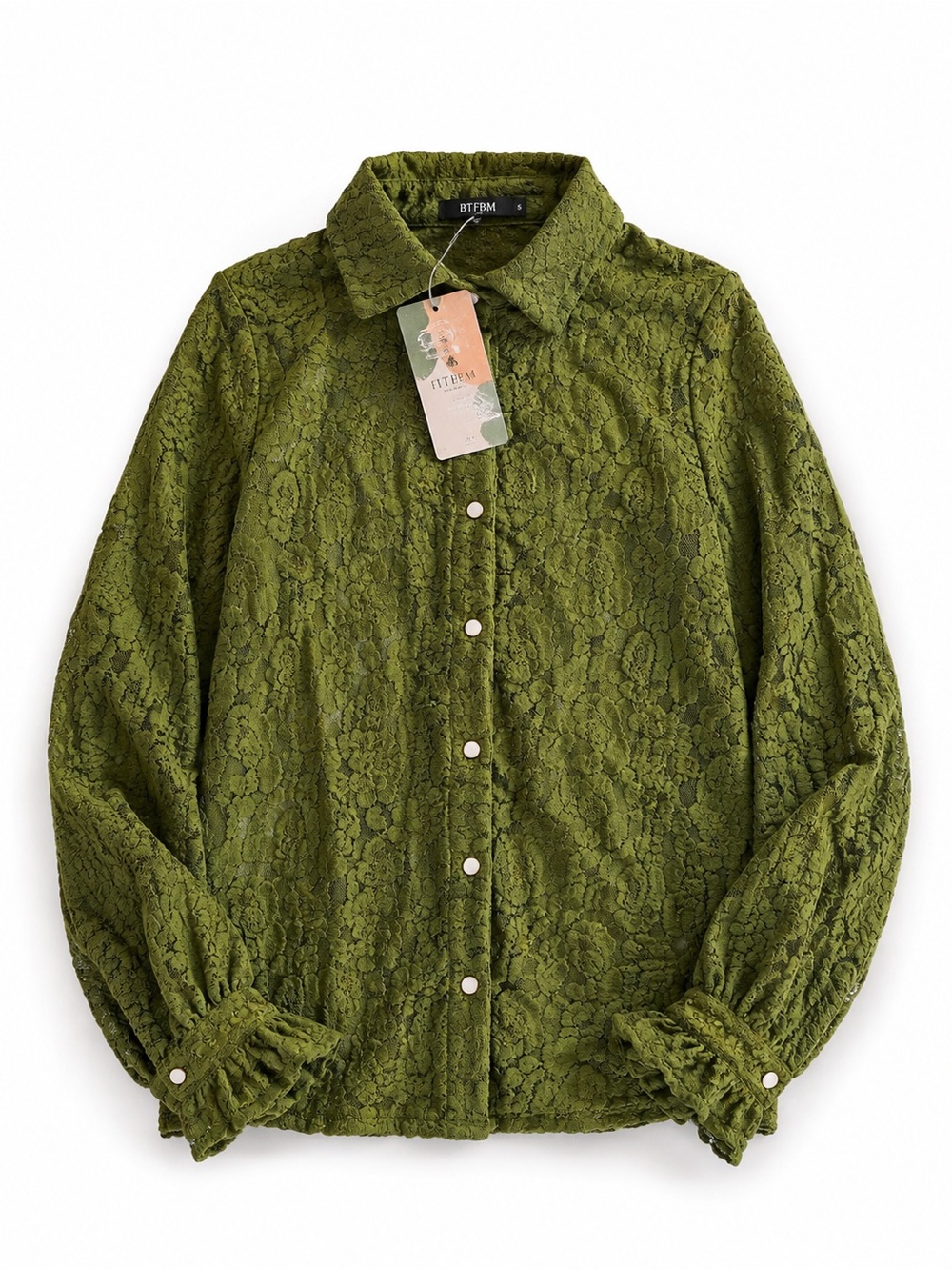BTFBM Olive Green Floral Lace Button Up Ruffle Cuff Sheer Blouse Small NWT